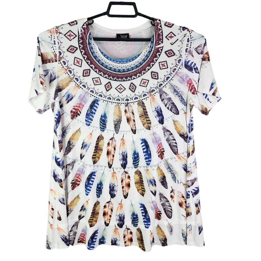 Women's Jostar Feather Print Short Sleeve Top Shirt Short Sleeve Round Neck XL
